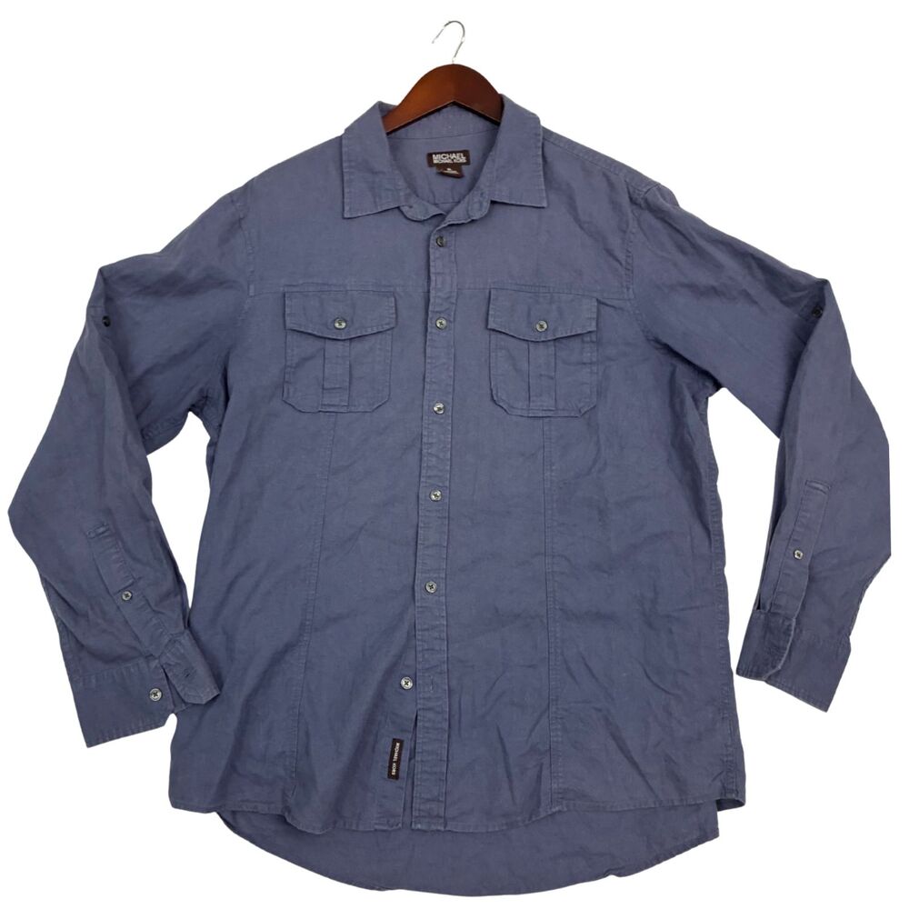 Michael Kors Mens XL Blue Linen Blend Button Up Shirt Roll Tab Long Sleeve